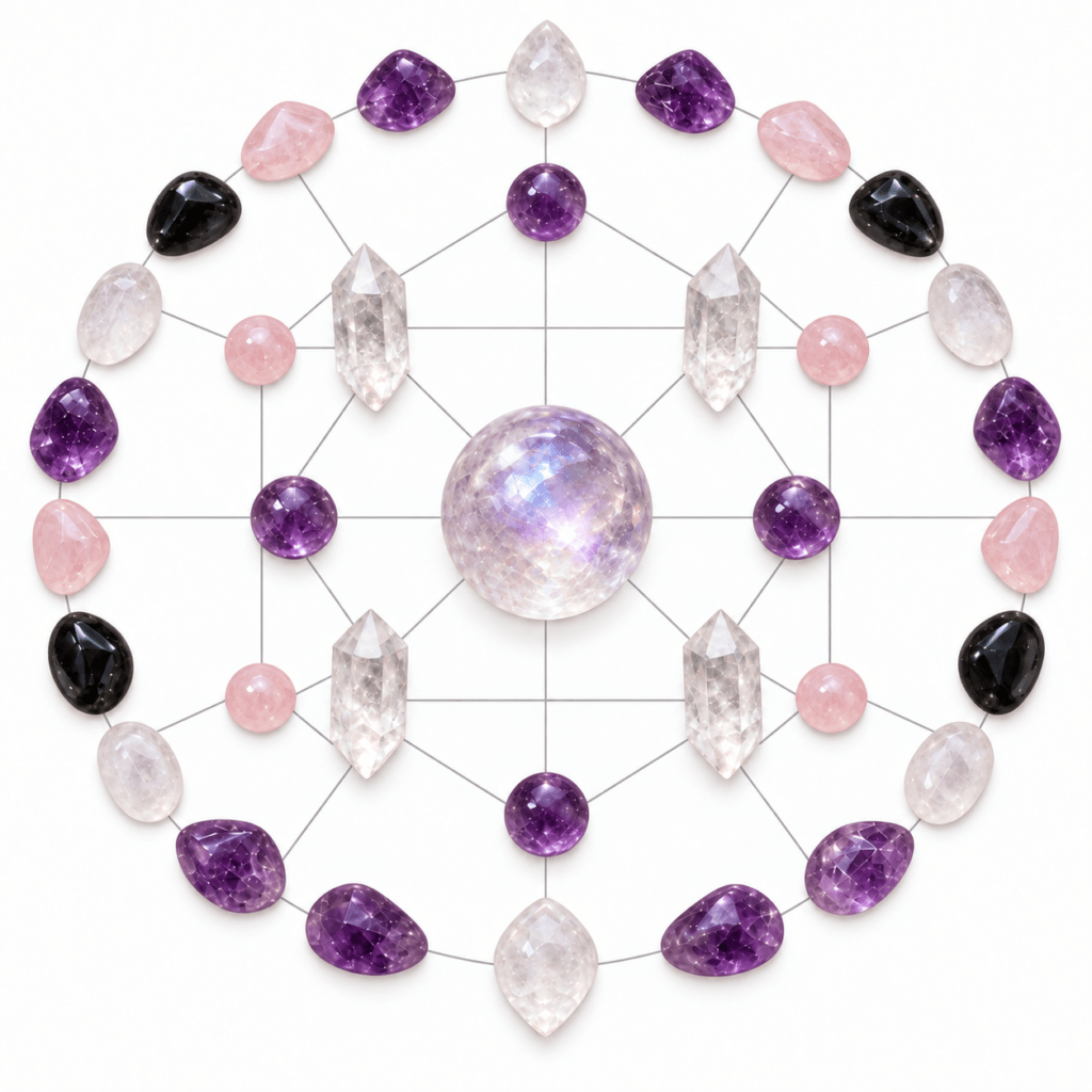 Crystal grid with quartz amethyst and rose quartz sians emporium Crystal grid quartz amethyst rose quartz
