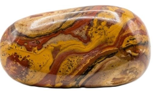 Desertjasperpolychromepolished sians emporium Smooth polished desert jasper pebble featuring flowing bands of mustard yellow earthy terracotta brown and cream against a white backdrop