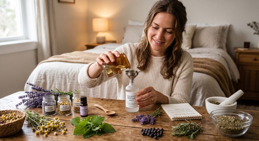 Diy botanical calming bedtime mist recipe sians emporium Woman pouring homemade calming botanical bedtime mist with fresh lavender chamomile and essential oils on a wooden table