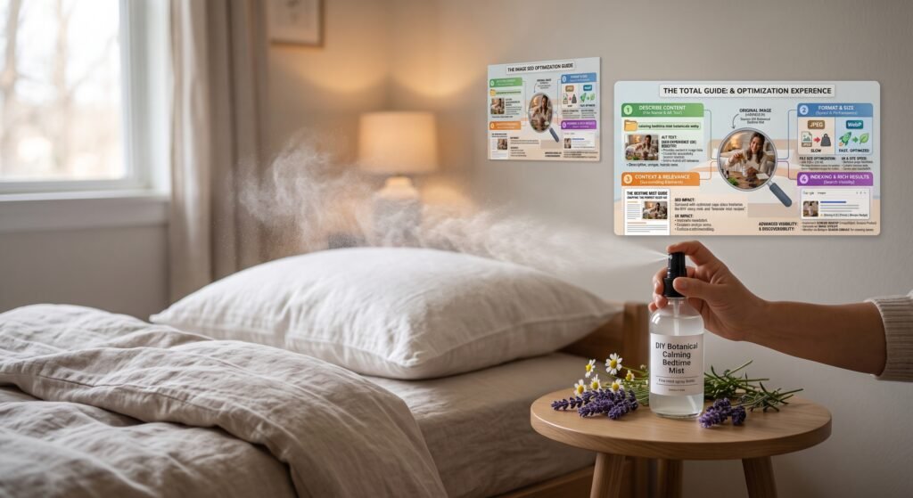 A hand spraying a natural diy botanical bedtime mist onto a soft white pillow in a cozy bedroom with fresh lavender and chamomile flowers on a side table