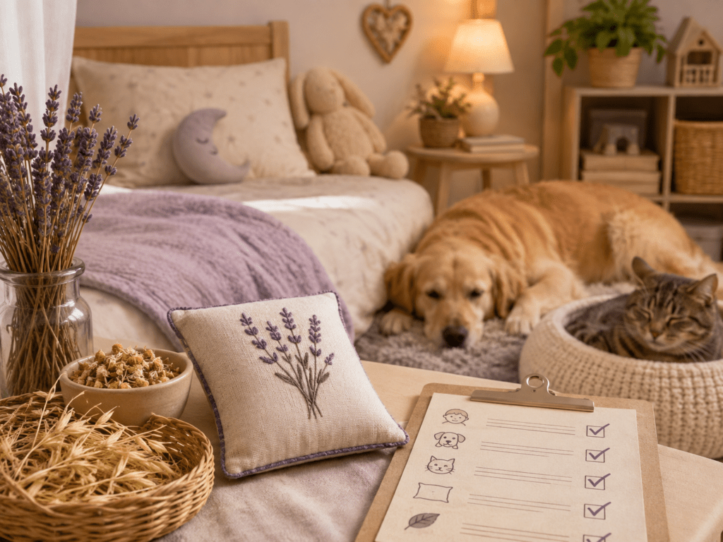 Dream pillow safety checklist for children and pets sians emporium Herbal dream pillow beside a safety checklist in a cosy bedroom with a relaxed dog and cat resting nearby