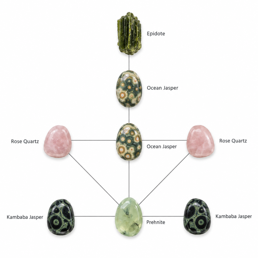 Crystal grid with epidote ocean jasper rose quartz kambaba jasper and prehnite arranged on a plain white background with connecting lines sians emporium Crystal grid with epidote ocean jasper rose quartz kambaba jasper and prehnite arranged on a plain white background with connecting lines