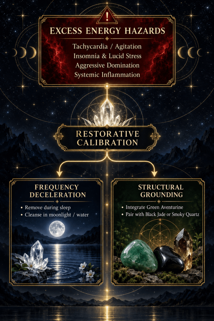 Infographic showing perceived excess crystal energy effects and restorative steps involving rest moonlight cleansing and grounding stones
