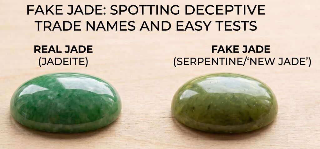 Comparison between real jadeite cabochon and fake serpentine jade showing differences in lustre hardness texture and temperature