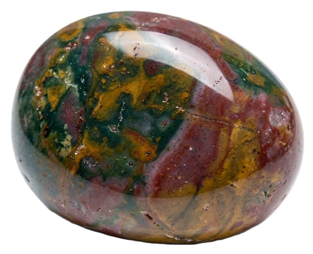 Polished fancy jasper palm stone earth sign grounding harmony sians emporium Polished fancy jasper oval palm stone displaying mottled swirls of forest green ochre yellow and plum red chalcedony