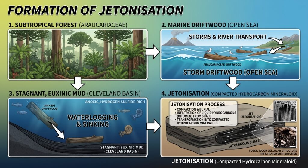 Four step geological diagram illustrating the formation of jet through jetonisation from araucariaceae subtropical forests and marine driftwood to anoxic seabed deposition and bituminous shale compaction