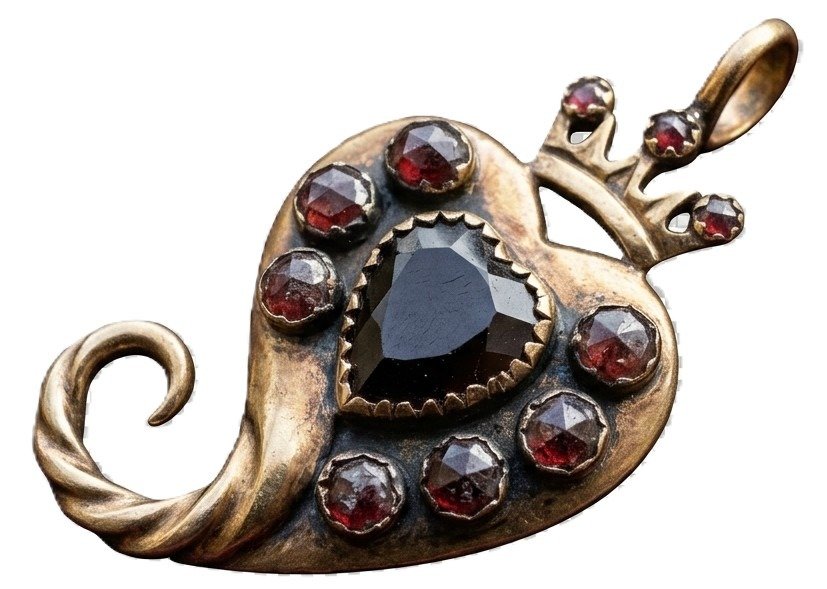 Antique georgian witchs heart pendant with flatcut bohemian garnets sians emporium Antique georgian witch's heart pendant crafted in gold with a crowned top, twisted asymmetrical tail, central heart-cut gem, and closed-back flat-cut garnet halo.