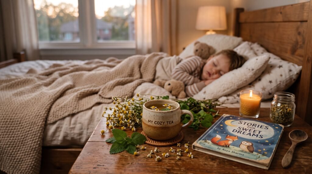 Entle bedtime herbal tea for toddlers and children sians emporium Warm mug of chamomile bedtime herbal tea for kids on a bedside table beside a children's storybook and sleeping toddler.