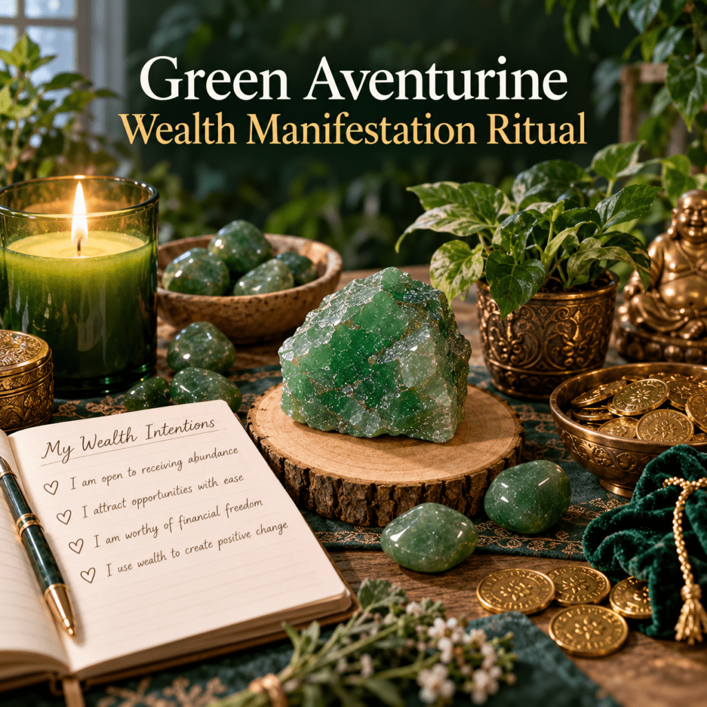 Green aventurine wealth manifestation ritual sians emporium Green aventurine wealth manifestation ritual altar with crystals green candle coins plants and a wealth intentions journal