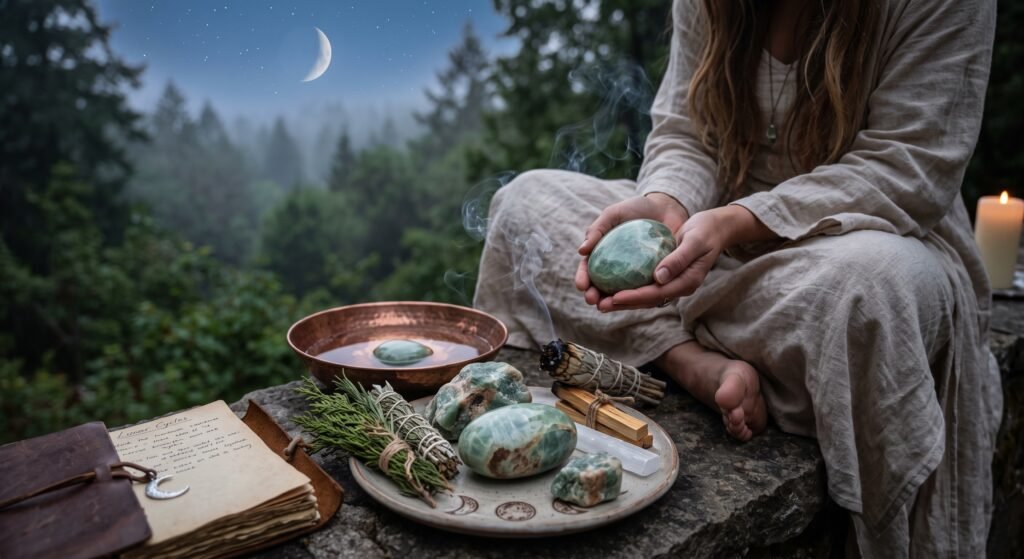 Green moonstone altar setup for cleansing and intention rituals sians emporium Person holding a polished green moonstone palm stone during an outdoor evening cleansing ritual with smudging herbs selenite water bowl and a crescent moon