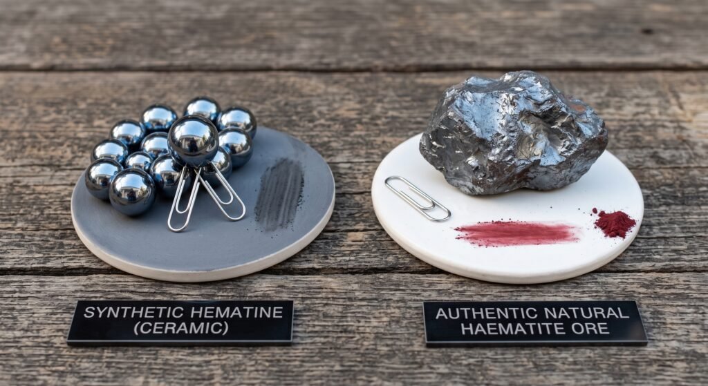 Synthetic hematine vs natural haematite mineral comparison sians emporium Side by side comparison of synthetic magnetic hematine beads showing grey streak test versus authentic natural haematite ore with red streak test