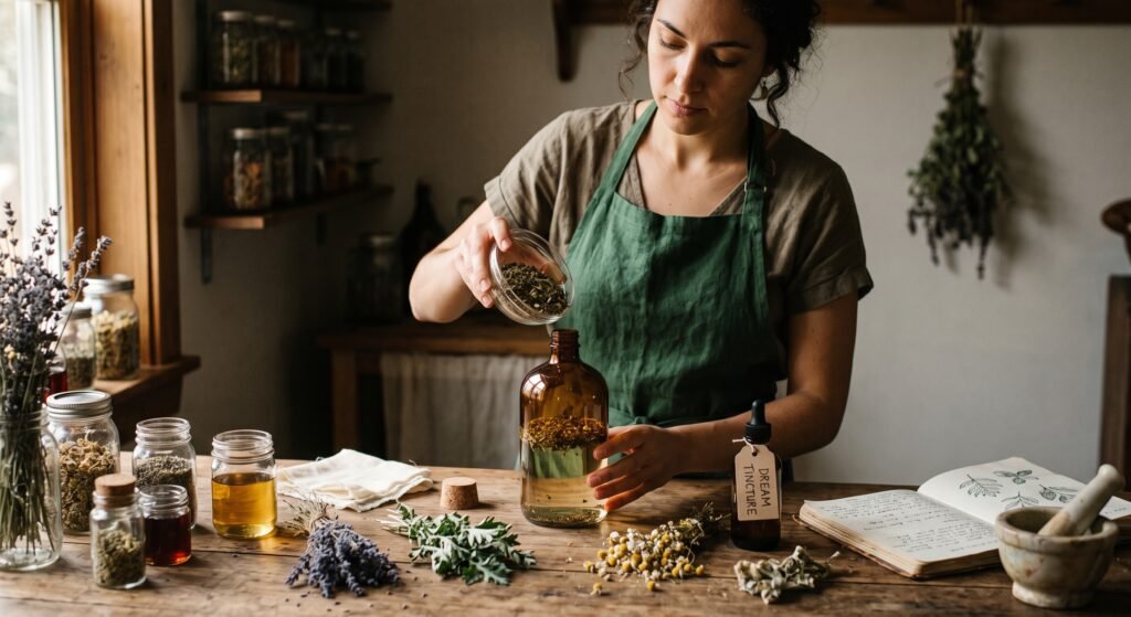 A person in an apron pours dried lavender into an amber bottle to make dream tincture