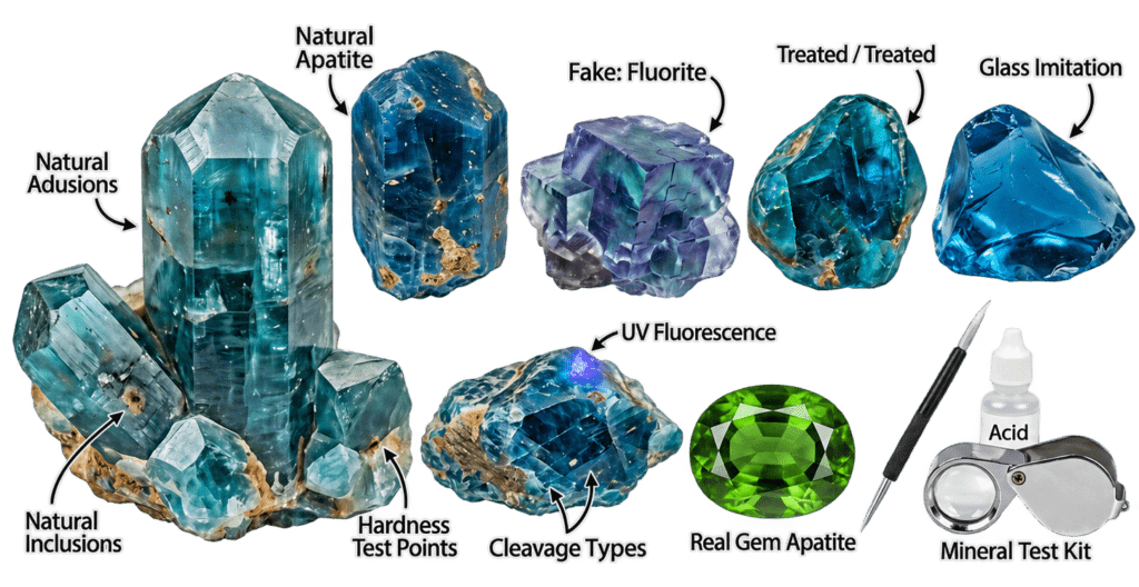 How to spot fake apatite identification guide sians emporium Visual guide showing natural apatite fluorite treated stones glass imitations inclusions cleavage uv fluorescence and mineral testing tools used to help identify fake apatite