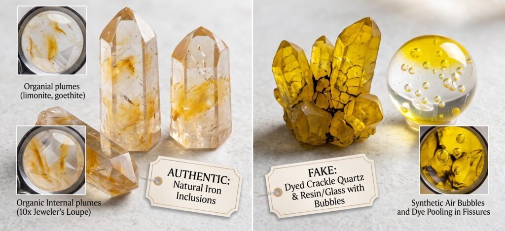 Ow to spot fake vs real golden healer quartz sians emporium Visual guide comparing genuine golden healer quartz showing natural iron oxide plumes against fake dyed crackle quartz and glass with air bubbles