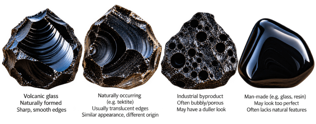 How to spot fake obsidian sians emporium Comparison of natural volcanic obsidian naturally occurring glass industrial slag and man made imitation glass showing visual differences that can help identify fake obsidian