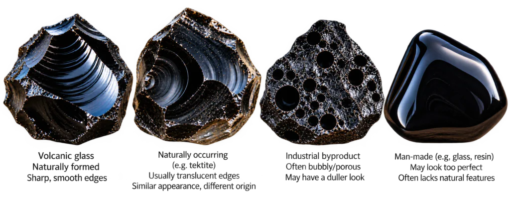 Comparison of natural volcanic obsidian naturally occurring glass industrial slag and man made imitation glass showing visual differences that can help identify fake obsidian