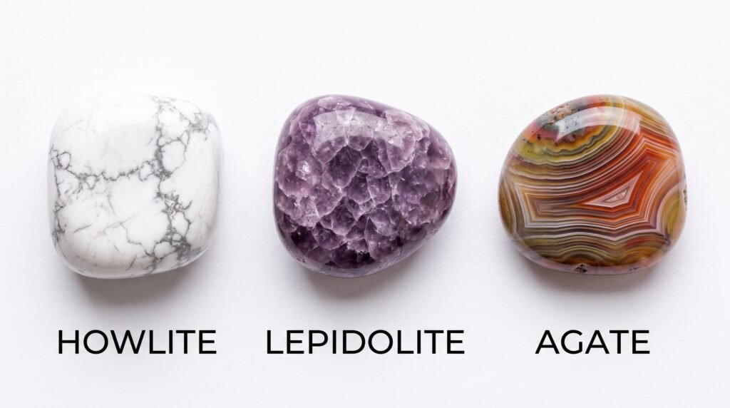 Howlite lepidolite and agate polished gemstones identification sians emporium Three smooth polished stones in a row howlite white with gray veins lepidolite purple crystalline and banded agate with orange brown and cream stripes