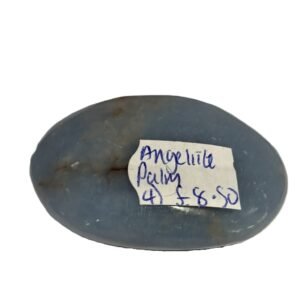 Img0312 sians emporium Polished blue angelite oval palm stone with natural earthy brown veining on a white background