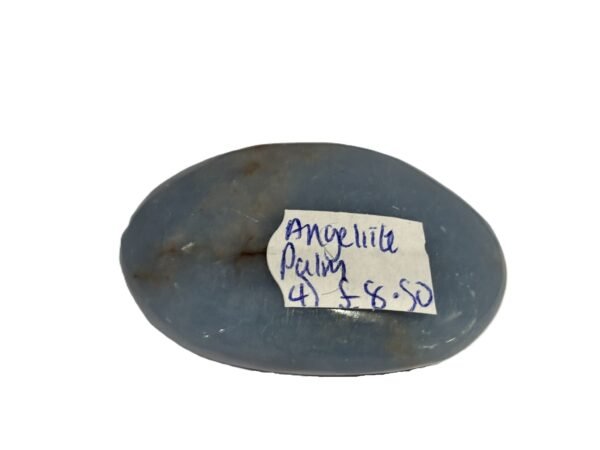 Img0312 sians emporium Polished blue angelite oval palm stone with natural earthy brown veining on a white background