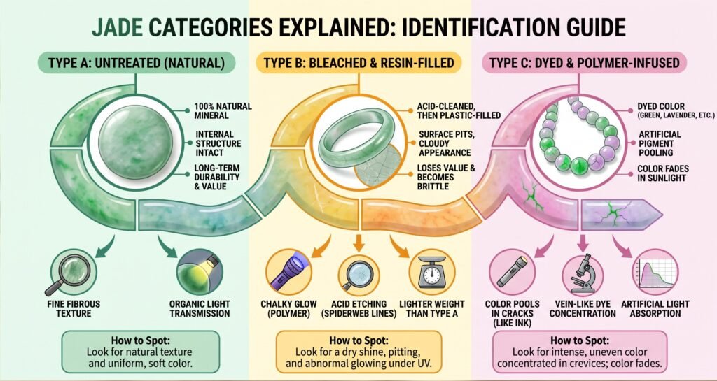 Jade categories explained how to identify types a b and c jade sians emporium Infographic guide explaining jade categories showing how to identify untreated type a bleached and resin filled type b and dyed type c jade through visual checks uv light and surface texture