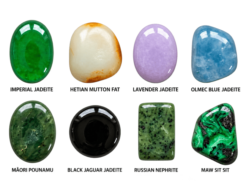 Authentic jade varieties colors types and geographic origins sians emporium Photographic comparison of genuine jade varieties including imperial jadeite hetian mutton fat nephrite lavender jadeite olmec blue and pounamu
