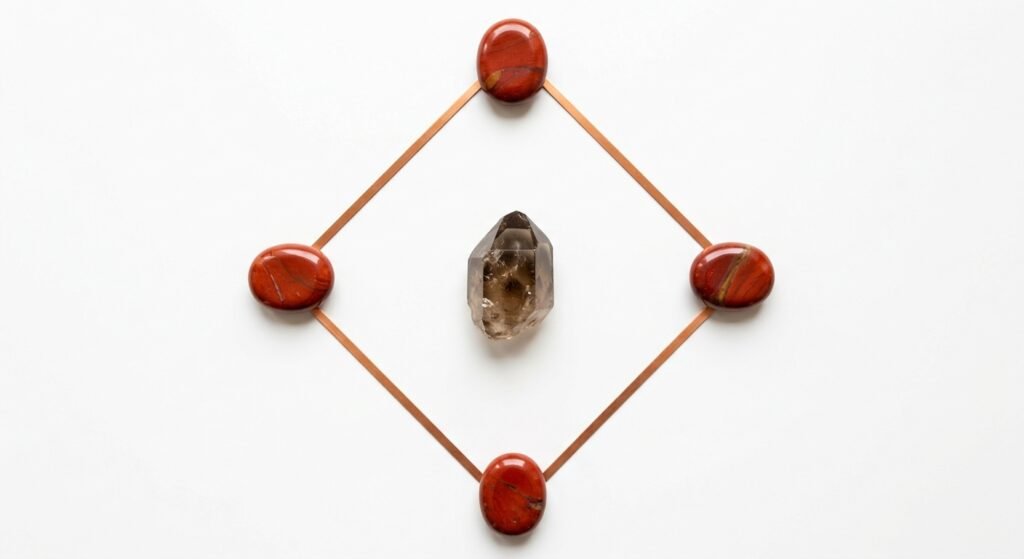 Jasper and smoky quartz diamond crystal grid sians emporium Diamond shaped crystal grid featuring four polished oval red jasper cabochons connected by copper strips with a central smoky quartz point on a white surface