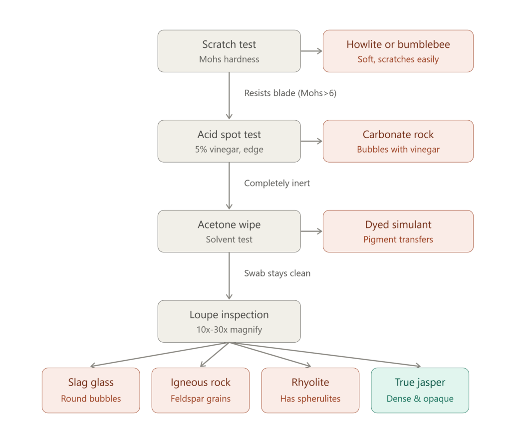 Jasperidentificationflowchart sians emporium A flowchart detailing how to identify true jasper through a series of four gemological tests differentiating it from common market simulants like howlite slag glass and dyed stones