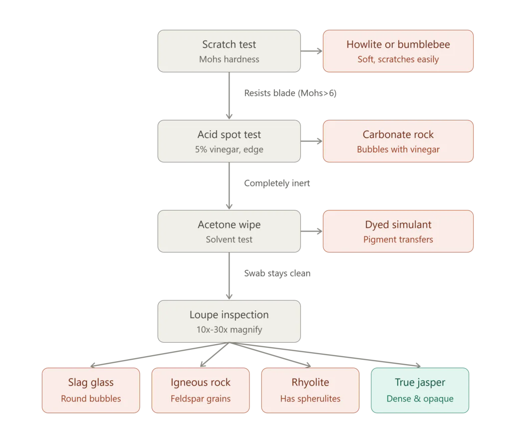 A flowchart detailing how to identify true jasper through a series of four gemological tests differentiating it from common market simulants like howlite slag glass and dyed stones