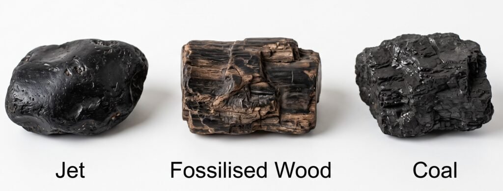 Comparison of jet fossilised wood and coal specimens sians emporium Side by side comparison of three geological specimens smooth black jet gemstone textured brown fossilised wood and rough black coal against a white background