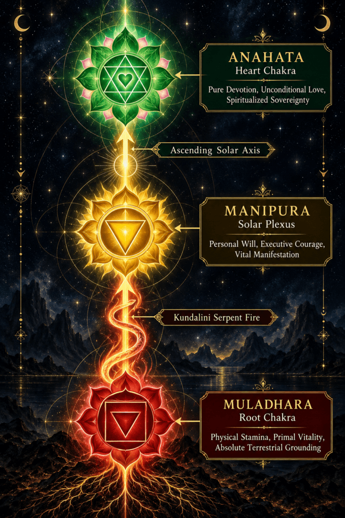Infographic showing kundalini energy rising from the muladhara root chakra through manipura to the anahata heart chakra