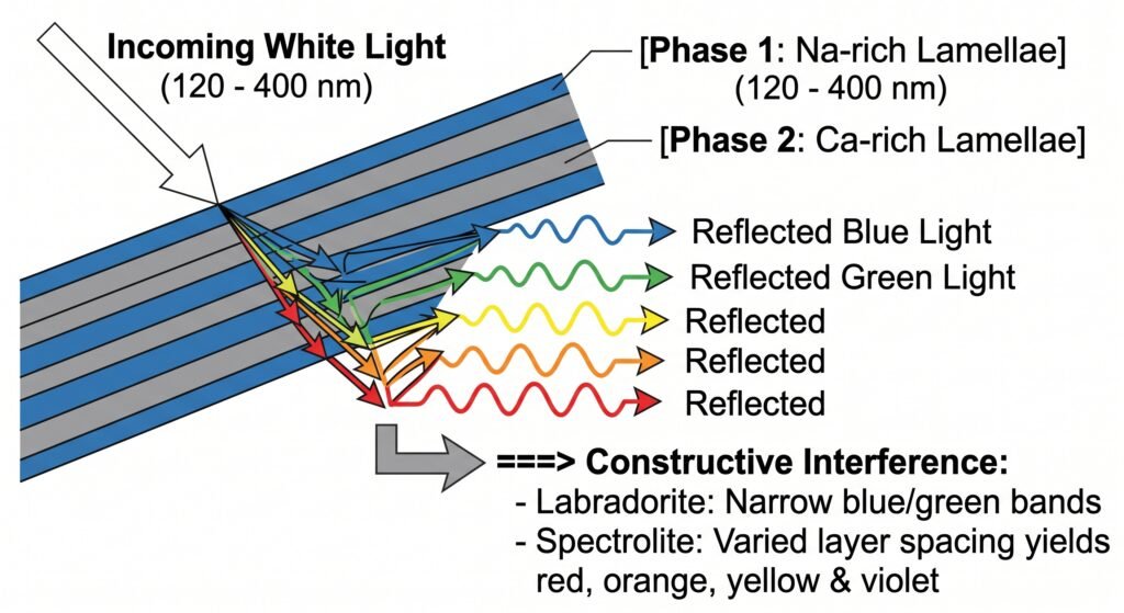 Diagram illustrating labradorescence caused by constructive interference of white light reflecting off alternating sodium rich and calcium rich lamellae in labradorite and spectrolite
