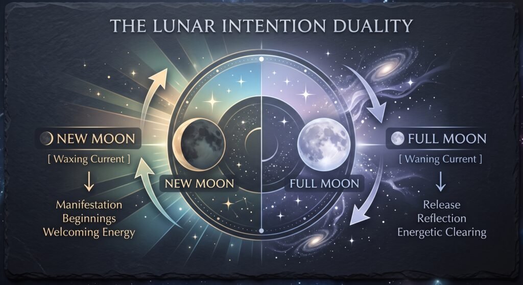 The lunar intention duality new moon vs full moon infographic sians emporium Diagram illustrating lunar intention duality contrasting the new moon waxing current of manifestation with the full moon waning current of releas