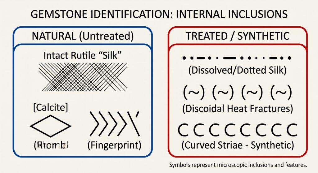 Comparison diagram showing internal gemstone inclusions natural untreated gems with intact rutile silk calcite rhomb and fingerprint patterns versus treated or synthetic gems with dissolved silk discoidal heat fractures and curved striae