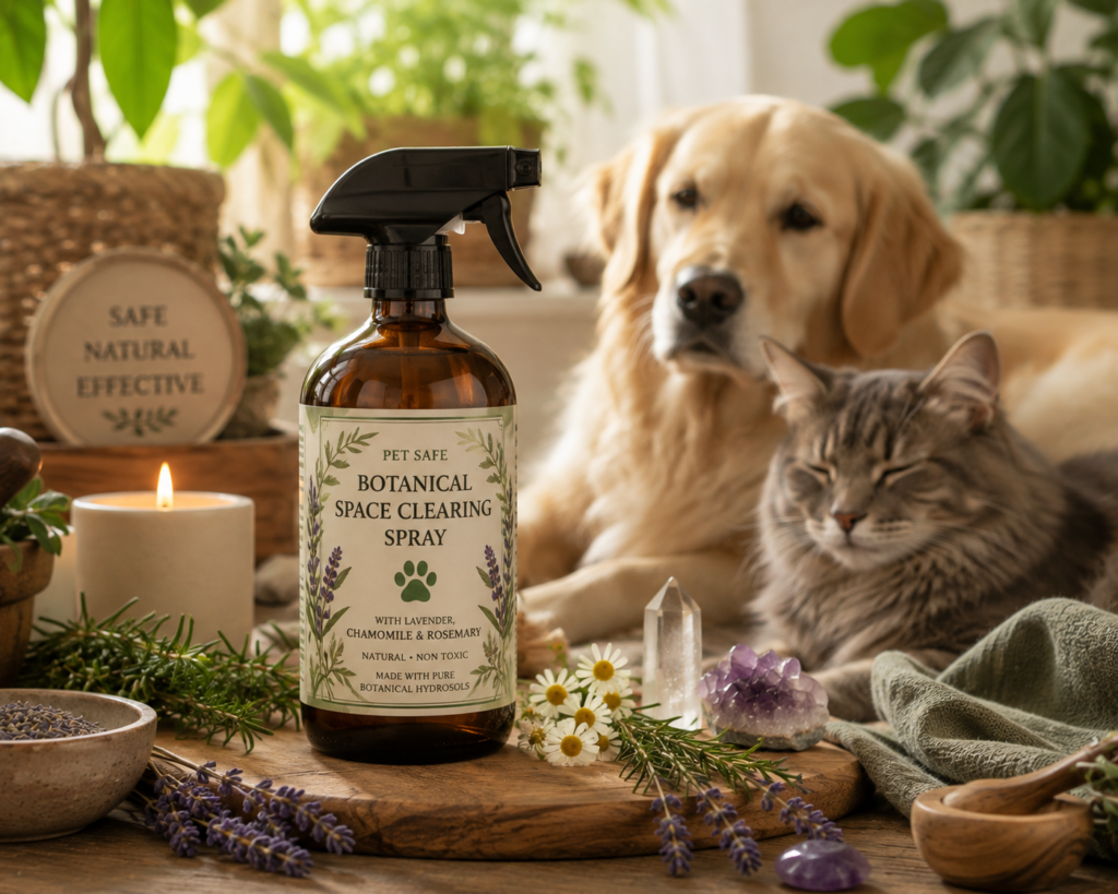 Pet safe botanical space clearing spray sians emporium Botanical space clearing spray displayed with fresh herbs and flowers in a peaceful pet friendly home with a dog and cat
