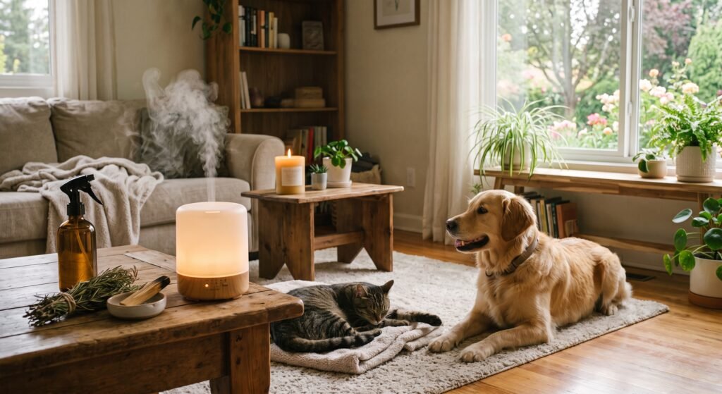 Petsafe space clearing and aromatics guide sians emporium A golden retriever and tabby cat resting comfortably in a bright living room near a glowing essential oil diffuser spray bottle and herbs on a rustic coffee table