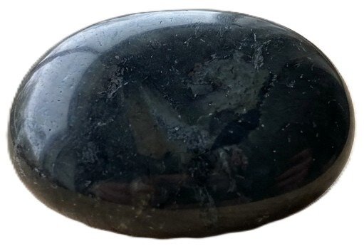 Polished black jasper palm stone sians emporium Smooth polished oval black jasper palm stone displaying subtle natural surface texture and reflective luster on a white background