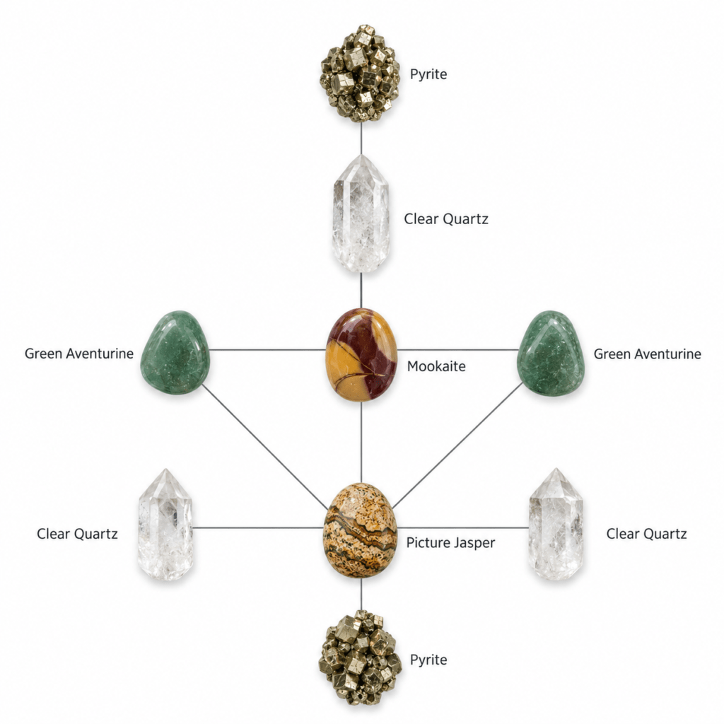 Pyrite mookaite and picture jasper crystal grid sians emporium Crystal grid with pyrite clear quartz green aventurine mookaite and picture jasper arranged on a plain white background with connecting lines