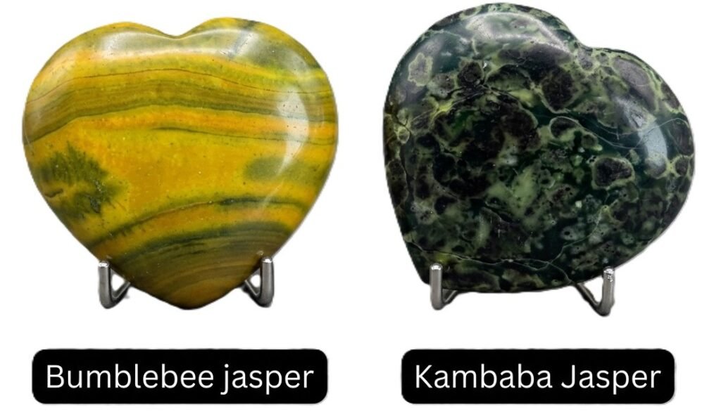Polished bumblebee jasper and kambaba jasper carved hearts side by side on display stands showing genuine mineral banding orbicular patterns and natural surface textures