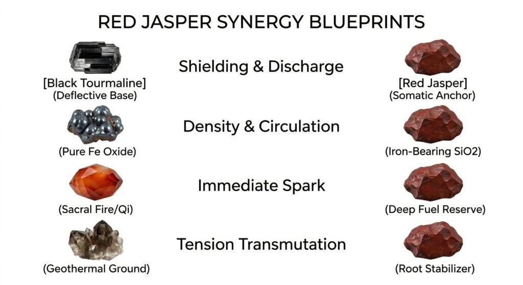 Red jasper synergy blueprints crystal guide sians emporium An infographic chart comparing four stone combinations with red jasper showing black tourmaline haematite carnelian and smoky quartz with descriptions of their synergetic properties