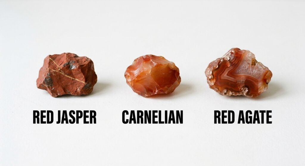 Red jasper vs carnelian vs red agate specimen comparison sians emporium Comparison of raw red jasper translucent carnelian and banded red agate rough specimens side by side on a white background