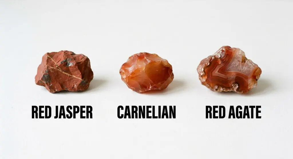 Comparison of raw red jasper translucent carnelian and banded red agate rough specimens side by side on a white background