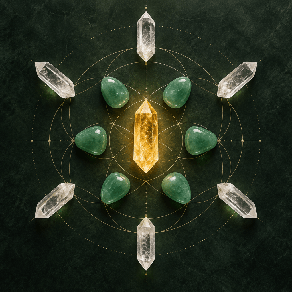 Green aventurine wealth manifestation crystal grid sians emporium Green aventurine wealth manifestation grid with a central citrine generator and six clear quartz points