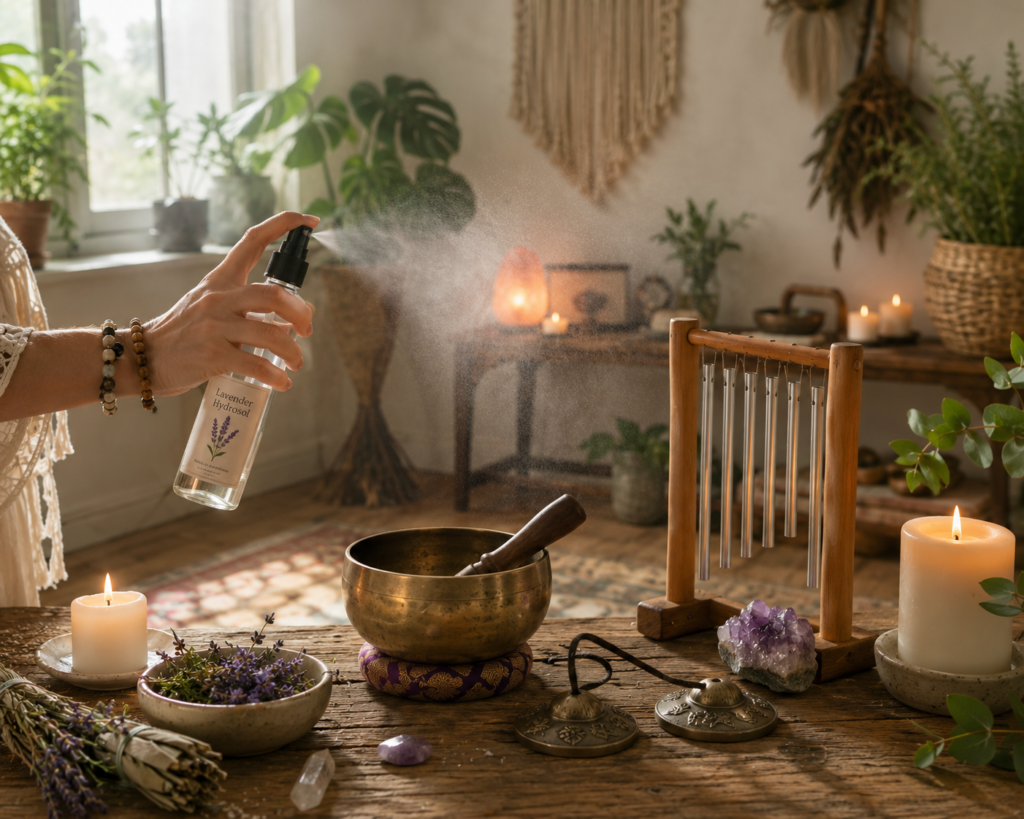 Room clearing ritual with hydrosol mist sound tools sians emporium Room clearing ritual using lavender hydrosol mist a singing bowl wind chimes bells crystals and candles in a peaceful room