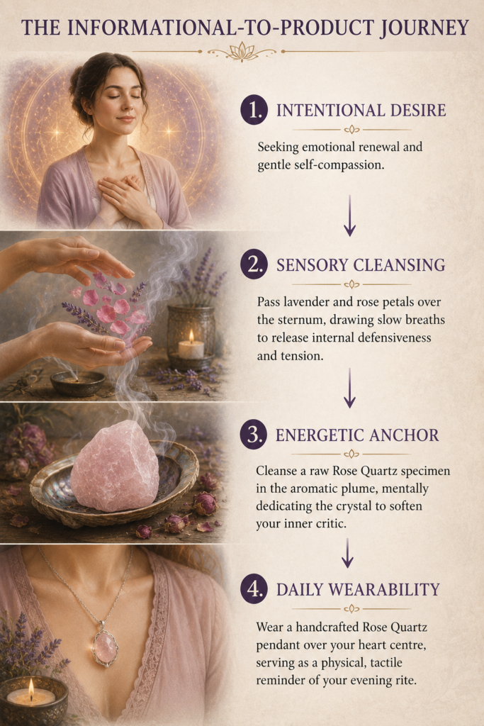 Rose quartz selfcompassion ritual journey sians emporium Infographic showing a four step rose quartz self compassion ritual using lavender rose petals crystal cleansing and a rose quartz pendant