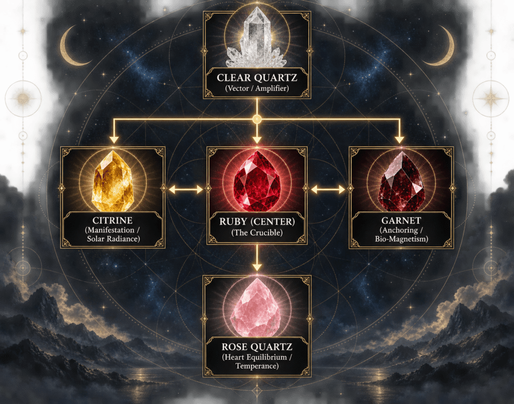 Crystal energy diagram showing ruby connected to clear quartz citrine garnet and rose quartz in a celestial grid