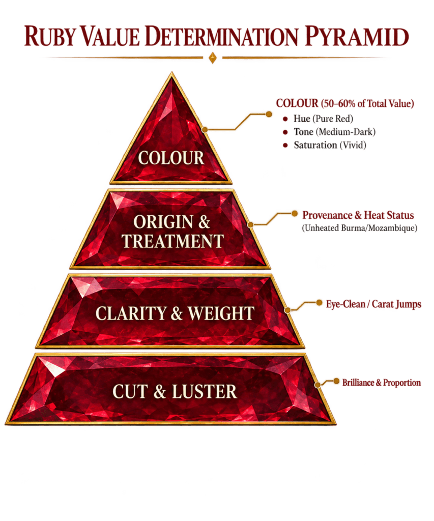 Ruby value determination pyramid showing colour origin and treatment clarity and weight and cut and lustre as key factors affecting ruby value