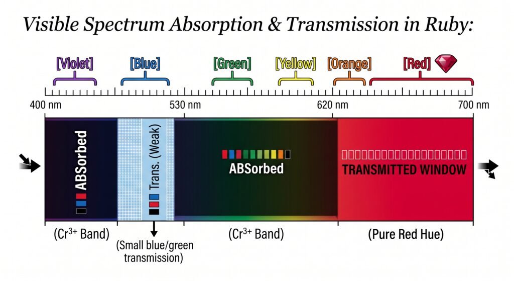 A scientific chart illustrating the visible spectrum absorption and transmission in a ruby showing broad absorption bands caused by chromium ions cr3+ in the violet and green yellow regions and a narrow transmission window in the red region that creates the gemstone's pure red hue.