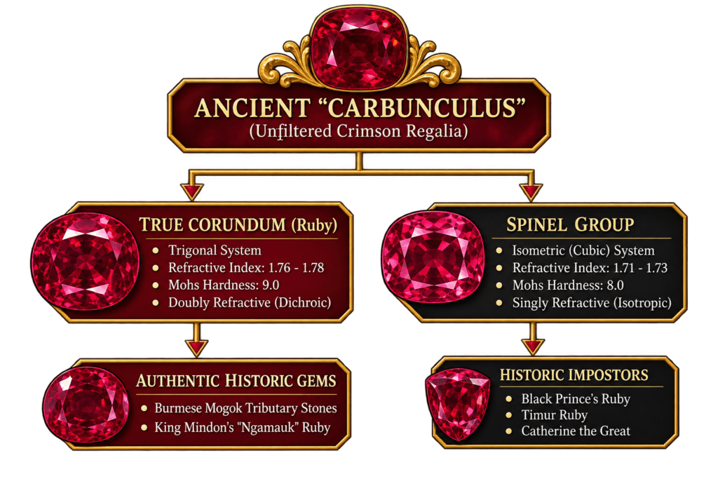 Infographic comparing ancient carbunculus into true corundum ruby versus spinel group gemological properties authentic historic rubies and famous spinel impostors
