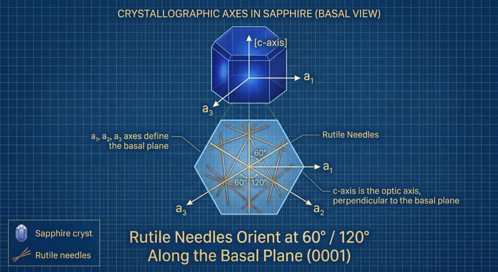 Crystallographic diagram of a sapphire showing a1 a2 and a3 axes along the basal plane 0001 with rutile silk needles intersecting at 60 and 120 degrees perpendicular to the c axis