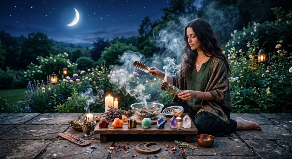 Smoke cleansing by moon phase and chakra alignment ritua sians emporium Outdoor smoke cleansing ritual under a crescent moon featuring smouldering herbs an abalone shell and seven aligned chakra crystals